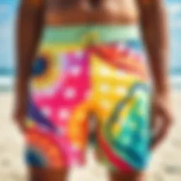 Vibrant boardshorts displayed on sandy beach