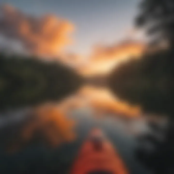 A stunning sunset over a tranquil lake, perfect for kayaking.