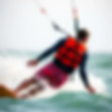 Kite Surfer in Action with Life Vest An adventurous kite surfer in action, wearing a vibrant life vest, capturing the thrill and essence of the sport.