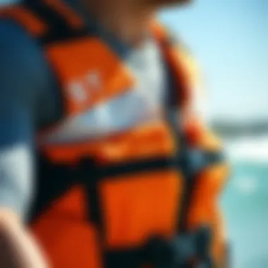 High-Performance Kite Surfing Life Vest A close-up view of a high-performance kite surfing life vest showcasing its sleek design and safety features.