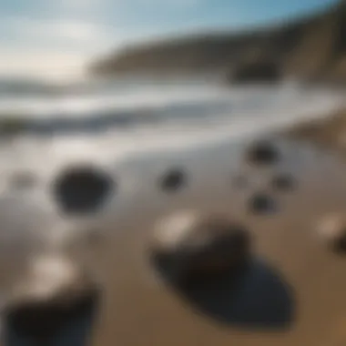 A panoramic view of Glass Beach with waves crashing against the shoreline.