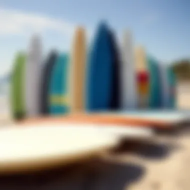 Variety of High Performance Fish Surfboards A selection of high performance fish surfboards displayed on a sandy beach