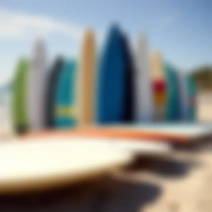 Variety of High Performance Fish Surfboards A selection of high performance fish surfboards displayed on a sandy beach