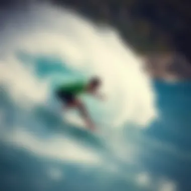 Surfer Maneuvering on a Fish Surfboard A surfer expertly maneuvering on a fish surfboard during a dynamic wave ride