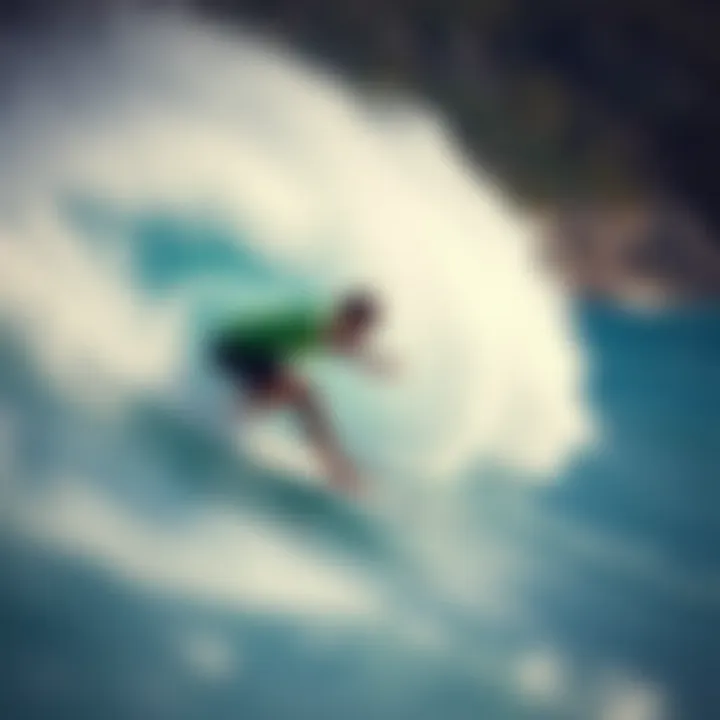 Surfer Maneuvering on a Fish Surfboard A surfer expertly maneuvering on a fish surfboard during a dynamic wave ride