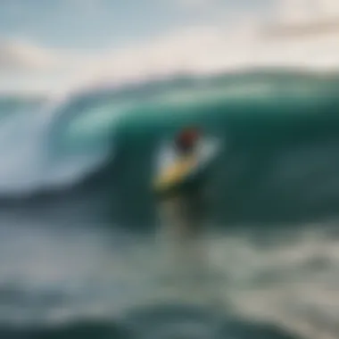 An action shot of surfers riding high performance soft top surfboards in waves.