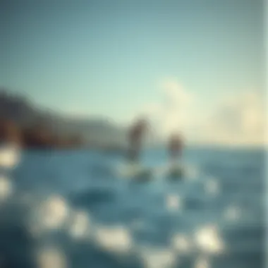 Hydrofoil Surfing in a Coastal Paradise A serene coastal landscape featuring hydrofoil surfers