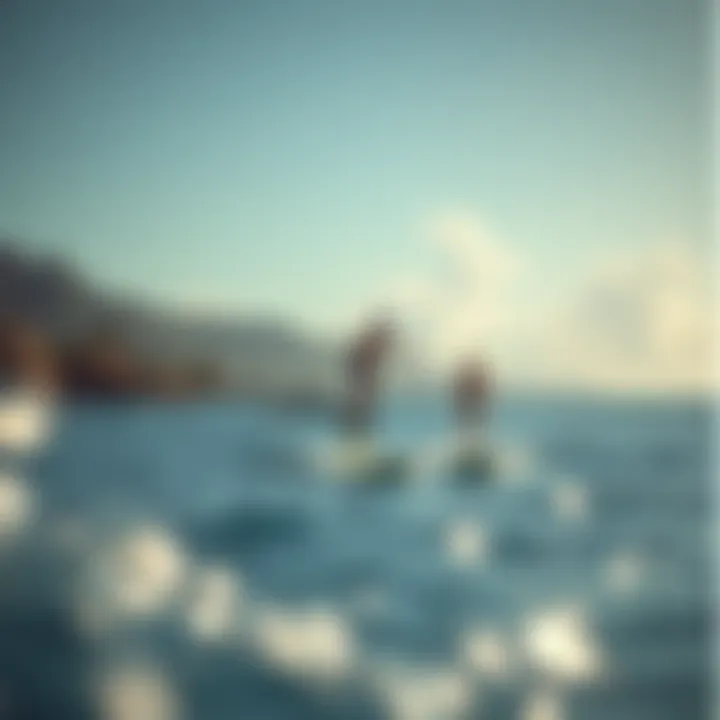 Hydrofoil Surfing in a Coastal Paradise A serene coastal landscape featuring hydrofoil surfers