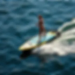 A hydrofoil surfboard gliding above the water surface