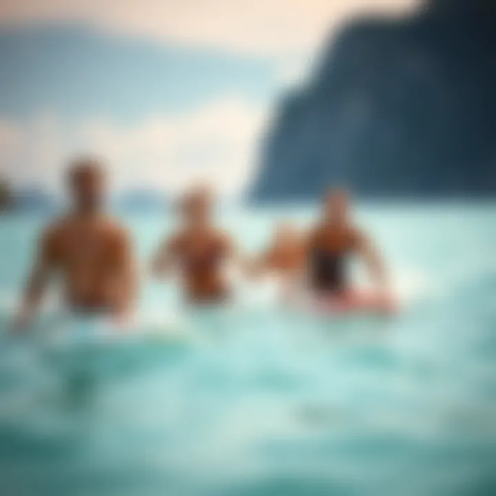 Group enjoying water sports with inflatable boogie boards