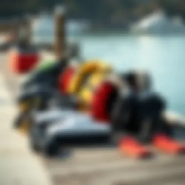 Safety gear for jet skiing laid out on the dock