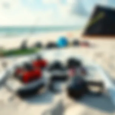 Essential kiteboarding gear laid out on the beach