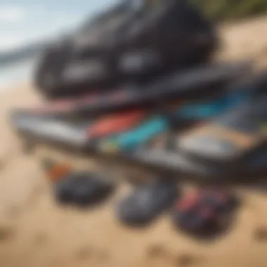 Close-up of a well-organized kiteboarding package with gear laid out on the sand