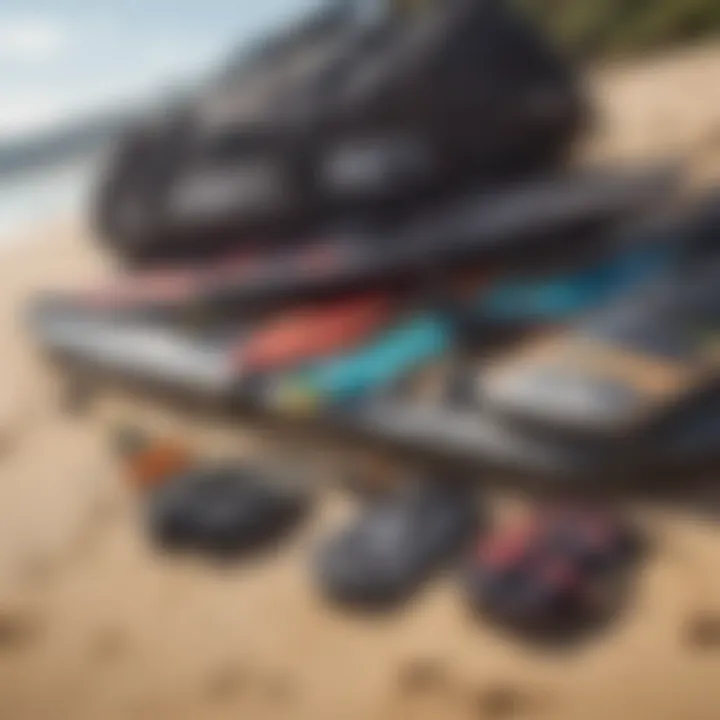 Close-up of a well-organized kiteboarding package with gear laid out on the sand