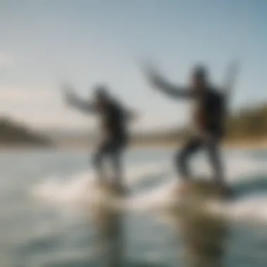 A group of kiteboarders enjoying a thrilling session on the water, illustrating community and fun