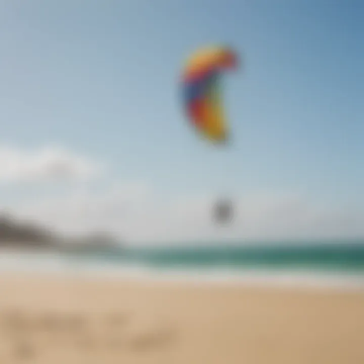 A vibrant kiteboarding scene on a sunny beach with colorful kites soaring in the sky