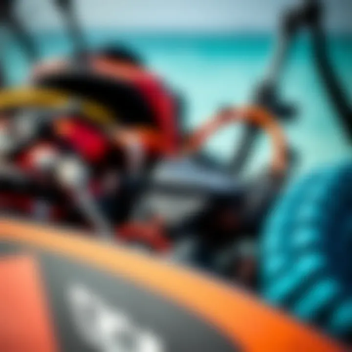 Close-up of specialized kiteboarding equipment ready for action