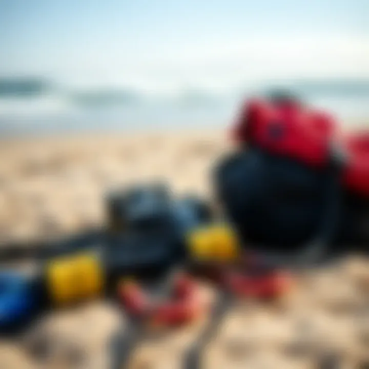 Essential Kitesurfing Gear Close-up of kitesurfing gear laid out on the beach
