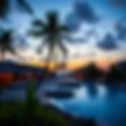 Stunning view of Macaronis Surf Resort at sunset