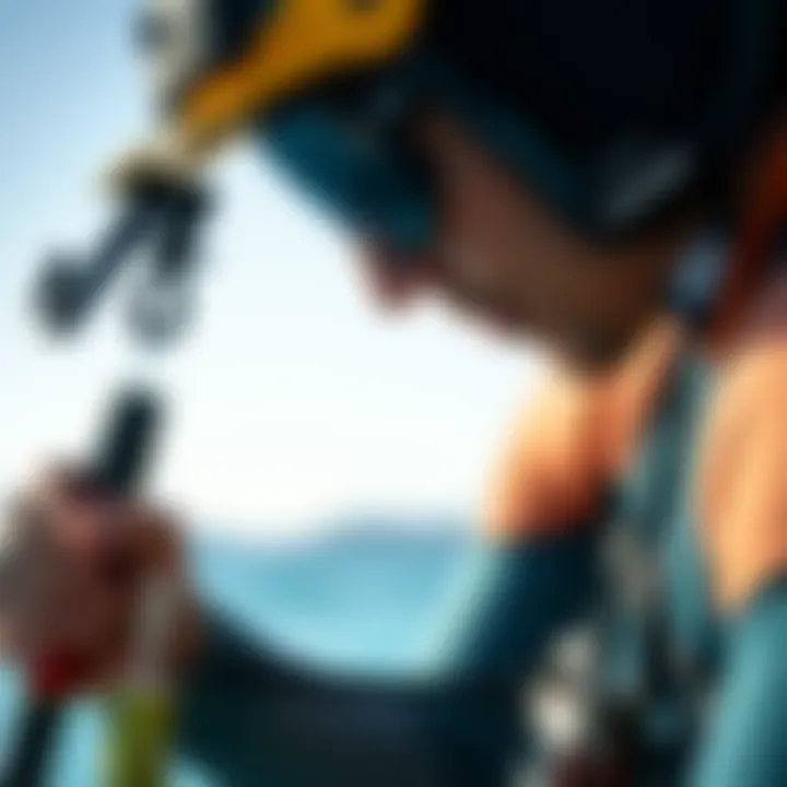 Inspecting Equipment Condition Close-up of kiteboarding equipment condition inspection