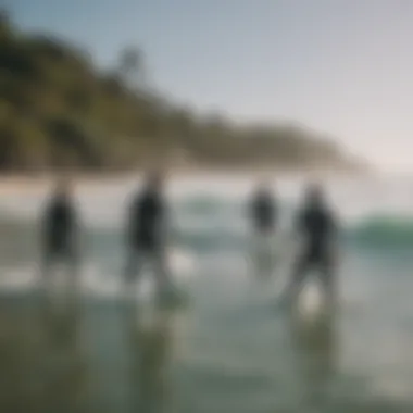 Group of surfers engaging in a lesson at a local surf school