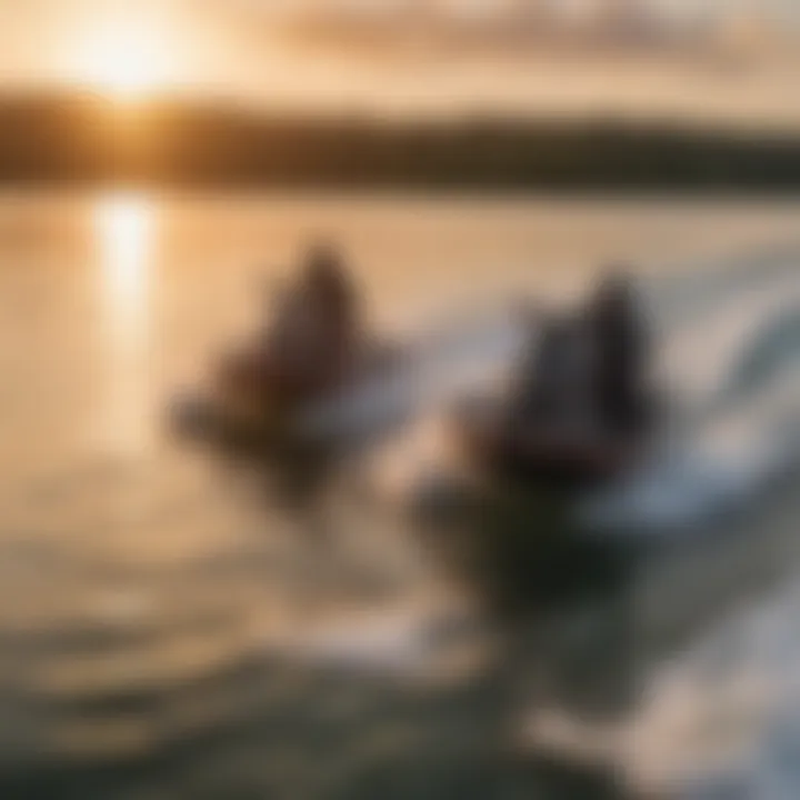 A serene sunset view of multiple motorized boards in action on a lake