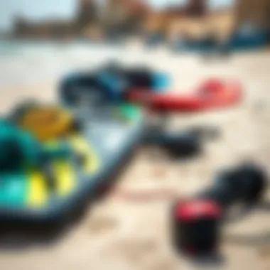 Kiteboarding gear laid out on the beach ready for use