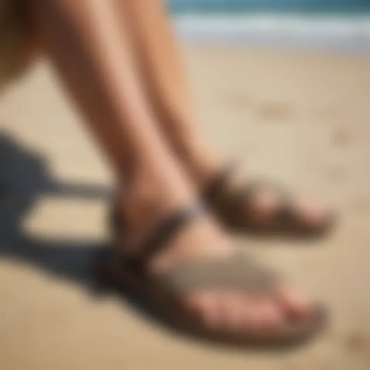 User demonstrating the comfort and flexibility of Olukai Pikoi sandals on a beach