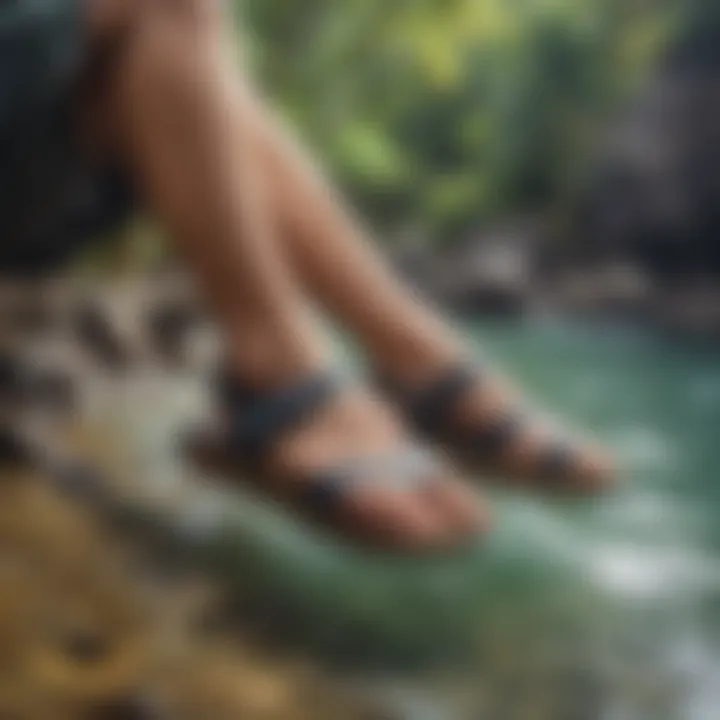 Olukai Pikoi sandals in a natural water setting, emphasizing their suitability for aquatic activities