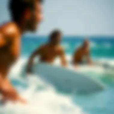 An action shot of surfers wearing O'Neill swimwear in the ocean