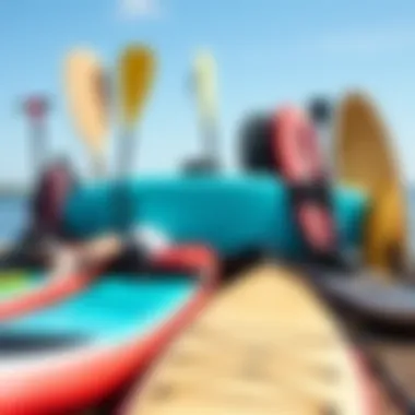 An array of paddle boarding equipment ready for adventure