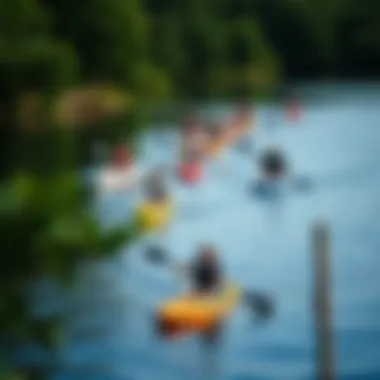 A vibrant group of paddle boarders navigating a river bend