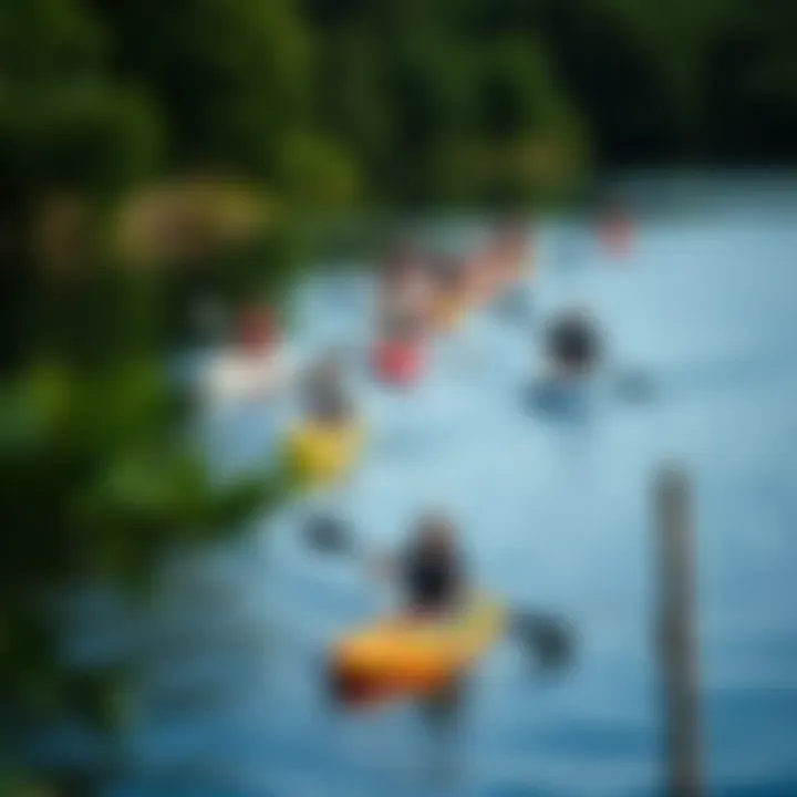 A vibrant group of paddle boarders navigating a river bend