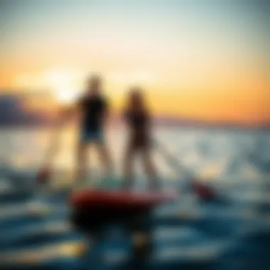 Enthusiasts enjoying a powered paddle board experience during sunset
