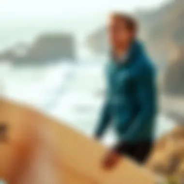 Surfer demonstrating Rip Curl gear in a breathtaking coastal backdrop