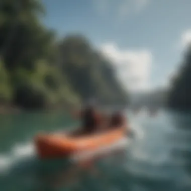 A group of paddlers navigating through calm waters, with safety gear visible