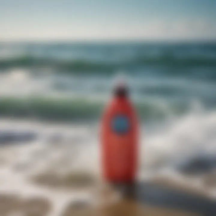 An illustration of a shark deterrent spray bottle against a backdrop of ocean waves