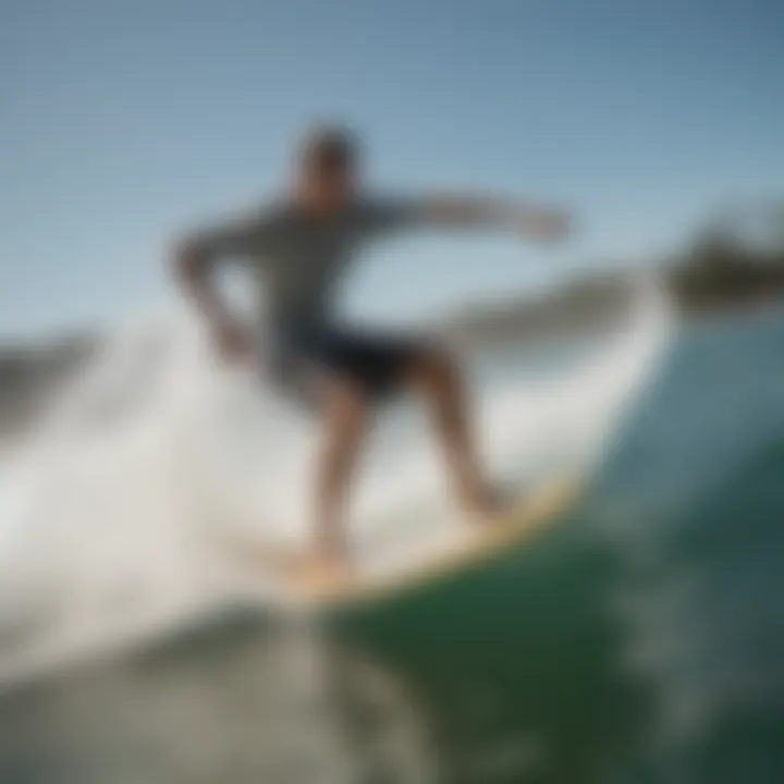 An action shot of a skimboarder gliding smoothly over the water, demonstrating performance characteristics.