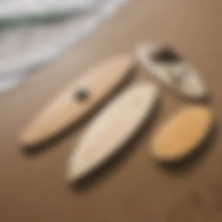 Different skim board sizes displayed on the beach