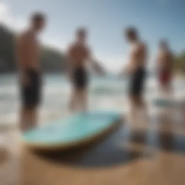 A group of skim boarders discussing size preferences