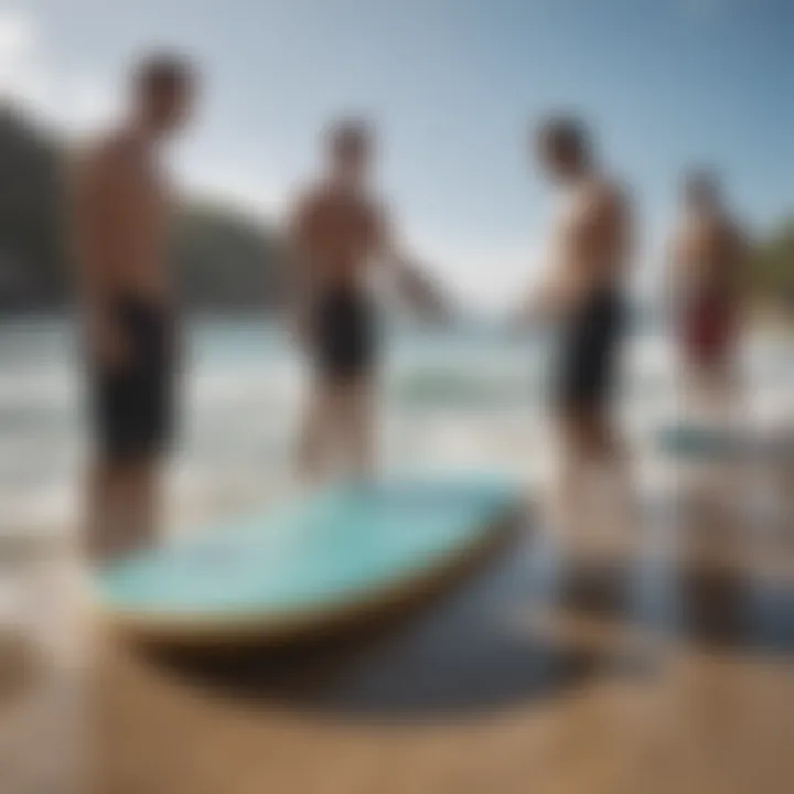 A group of skim boarders discussing size preferences