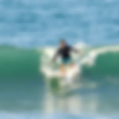 A surfer riding a soft top long surfboard on a gentle wave