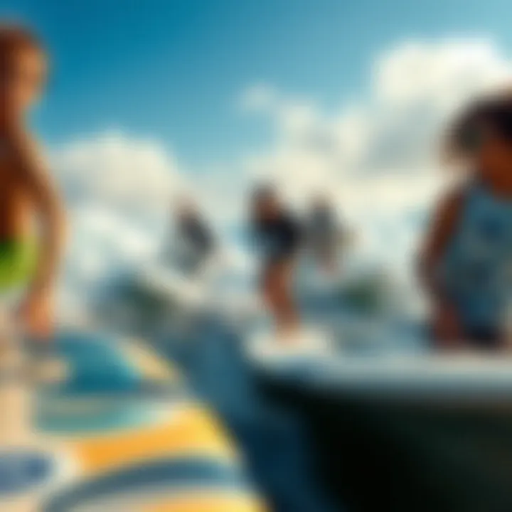 Surfers Embracing Soft-Top Surfboards Diverse group of surfers riding soft-top surfboards in various conditions