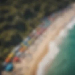 Aerial view of a vibrant surf camp beach setting with colorful tents