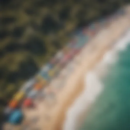 Aerial view of a vibrant surf camp beach setting with colorful tents