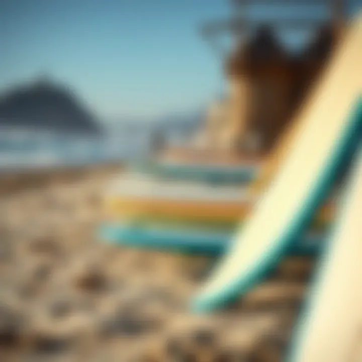Crafting Waves: The Art of Surfboard Selection Close-up of surfboards lined up on the sandy beach