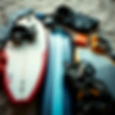 Essential surfing gear laid out, emphasizing quality and sustainability