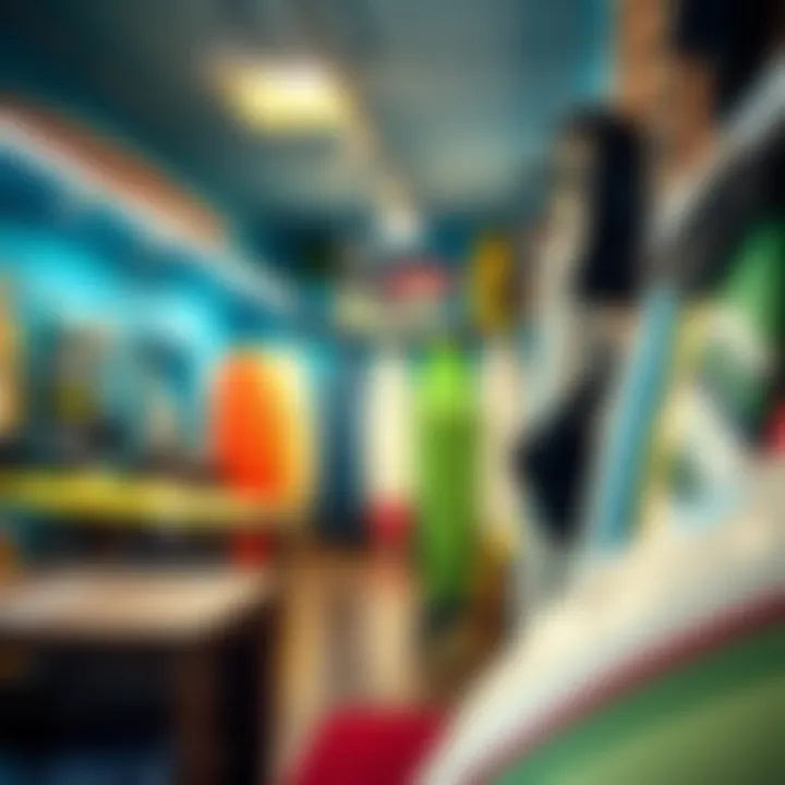 A vibrant surf shop display showcasing various surfboards and gear