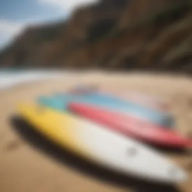 Surfboards lined up on the beach ready for use