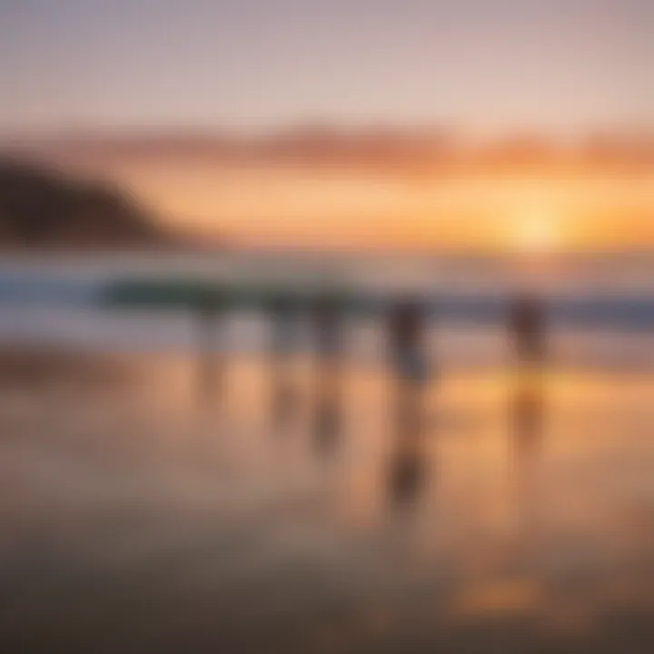 Group of surfers enjoying a vibrant sunset after a session